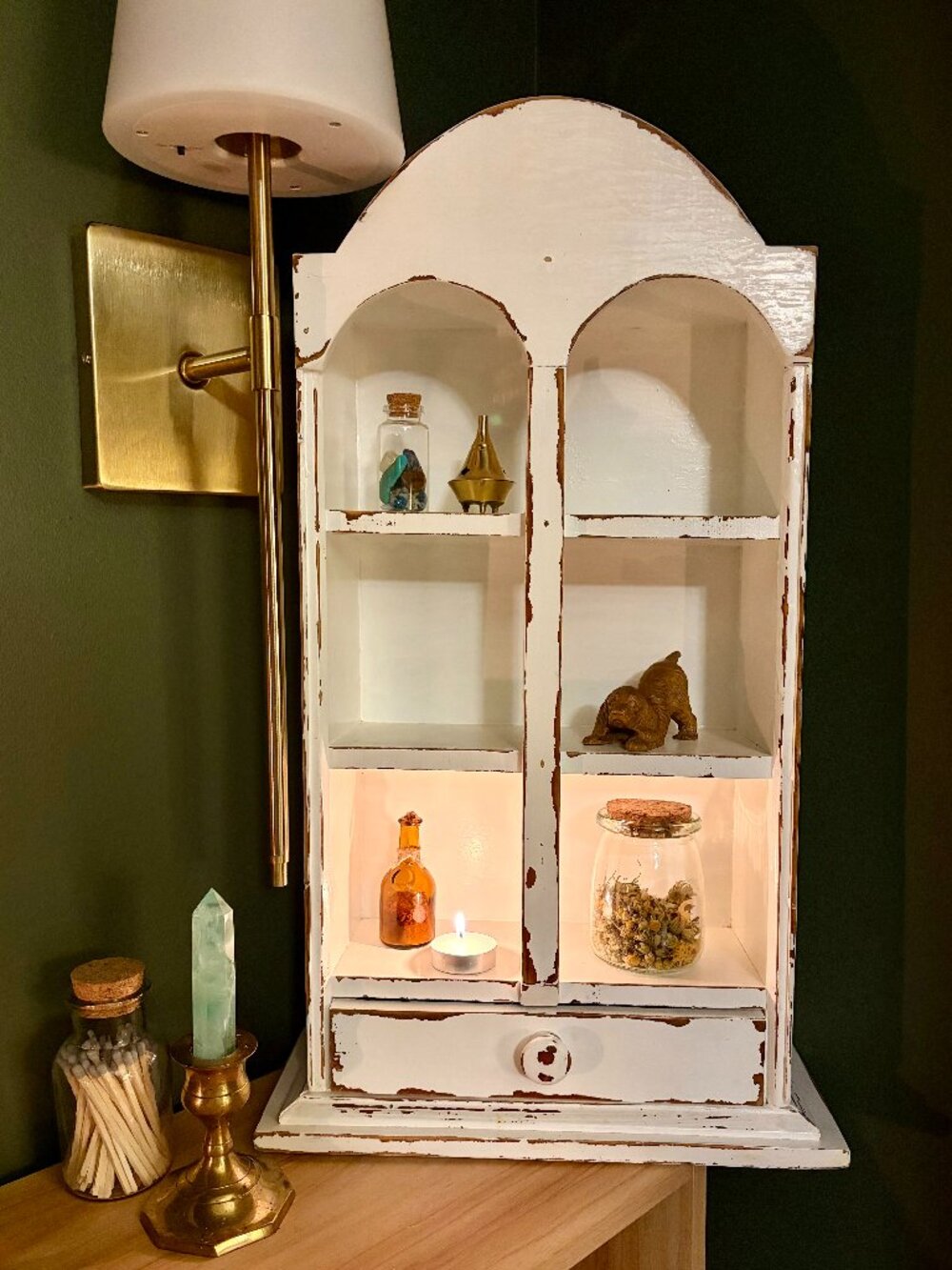 Distressed White Wooden Wall Shelf Organizer with Drawer